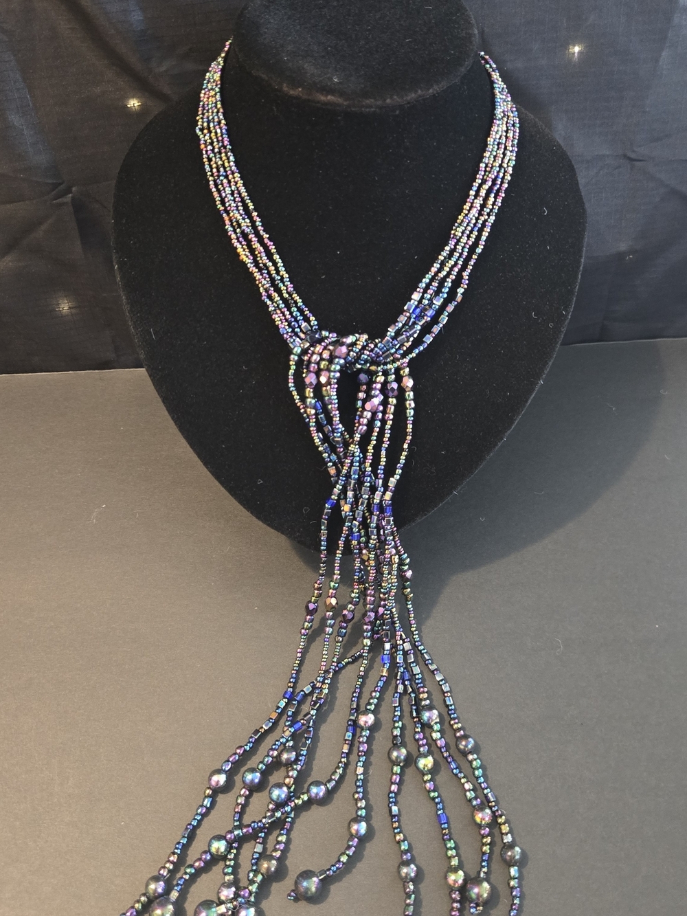 ✨ Handmade Iridescent Multi-Strand LARIAT Beaded Necklace Peacock